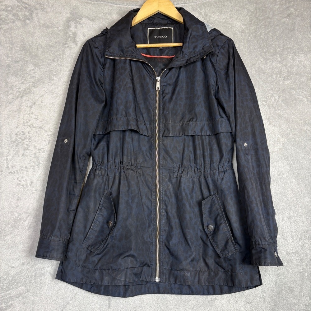 RW&CO Anorak Jacket Small Navy Blue‎ Leopard Print Hooded Lightweight  Casual